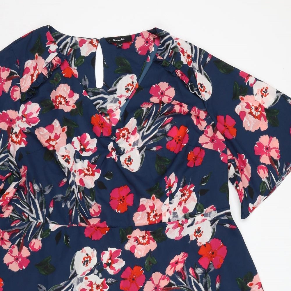 Simply Be Womens Blue Floral Polyester Fit & Flare Size 24 V-Neck Pullover
