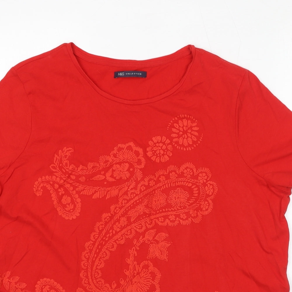 Marks and Spencer Womens Red Paisley 100% Cotton Basic T-Shirt Size 16 Round Neck