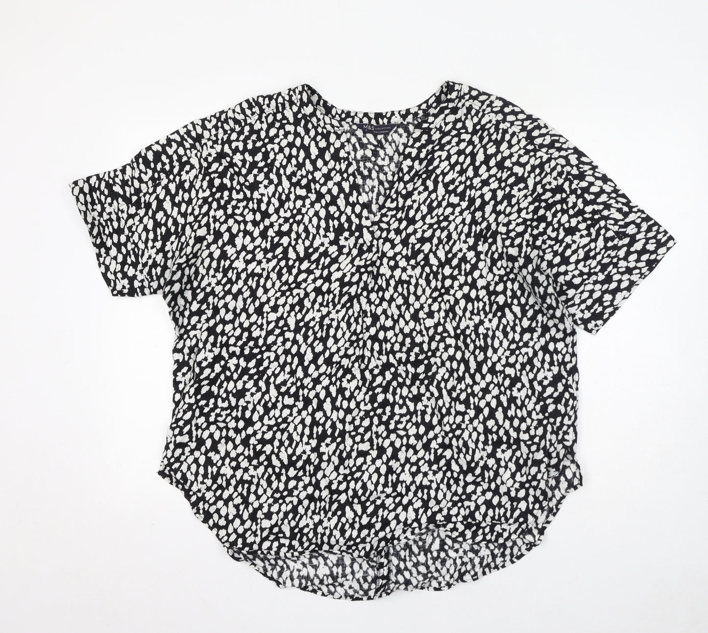 Marks and Spencer Womens Black Geometric Linen Basic Blouse Size 16 V-Neck