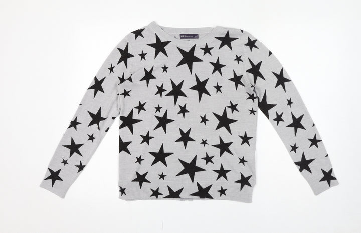 Marks and Spencer Womens Grey Crew Neck Geometric Acrylic Pullover Jumper Size 12 - Star pattern