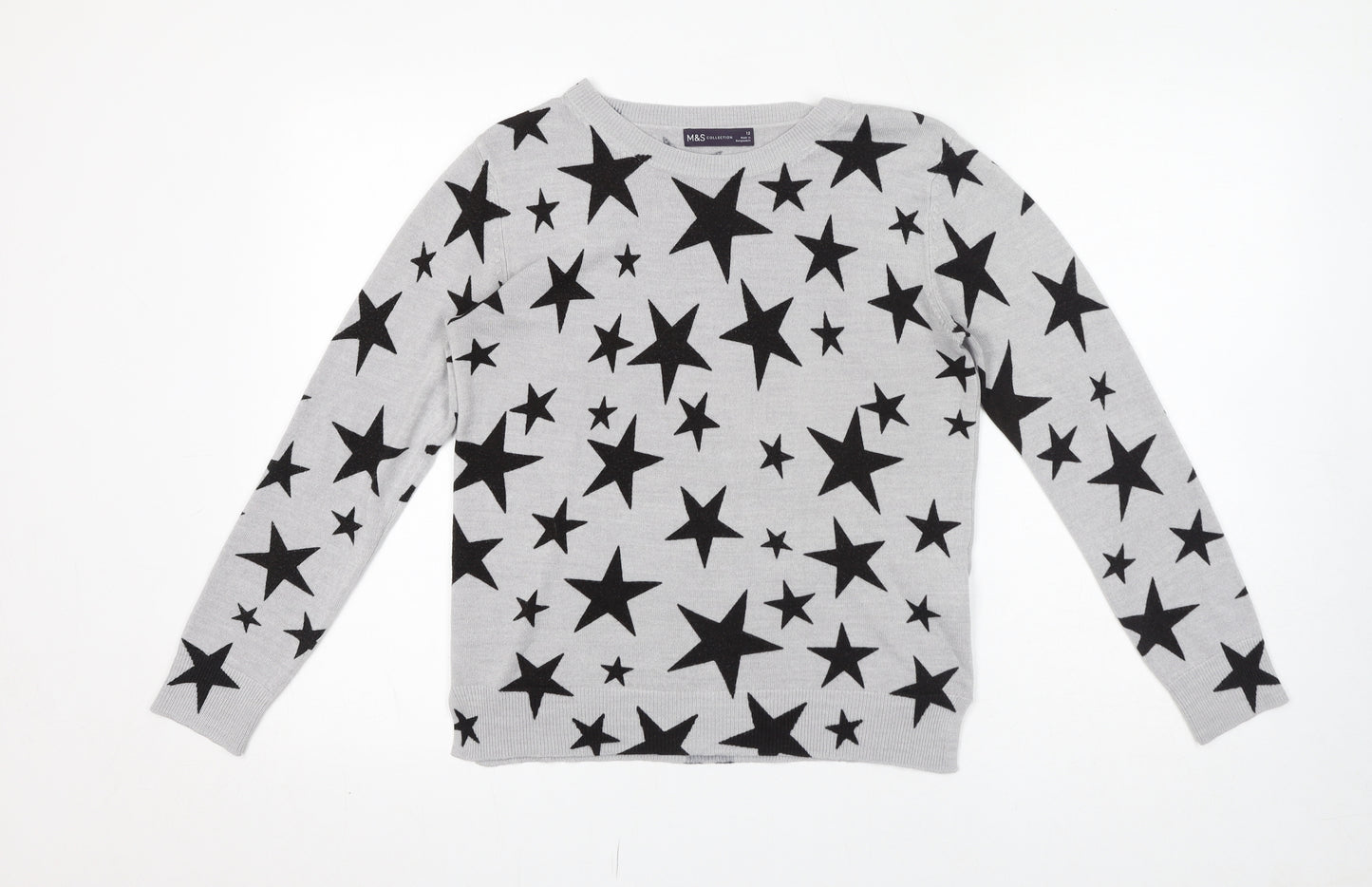Marks and Spencer Womens Grey Crew Neck Geometric Acrylic Pullover Jumper Size 12 - Star pattern
