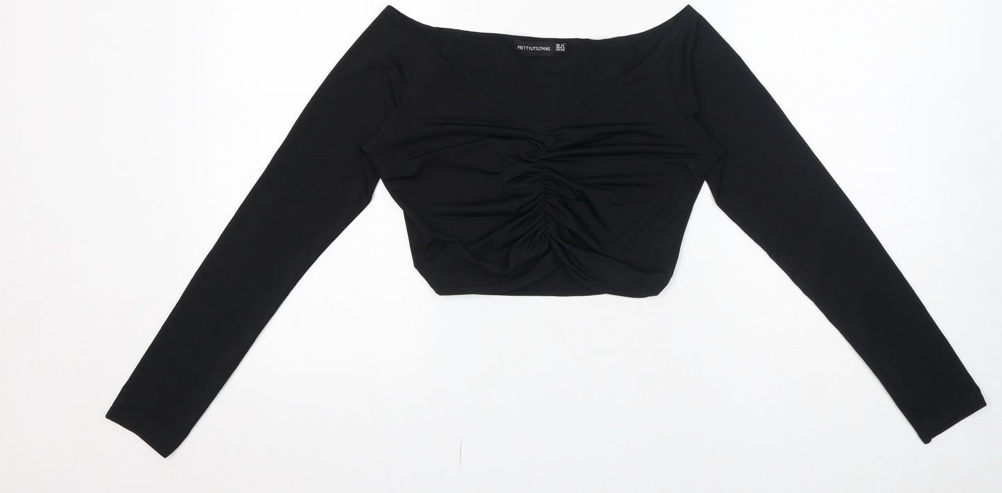PRETTYLITTLETHING Womens Black Polyester Cropped T-Shirt Size 10 V-Neck - Ruched