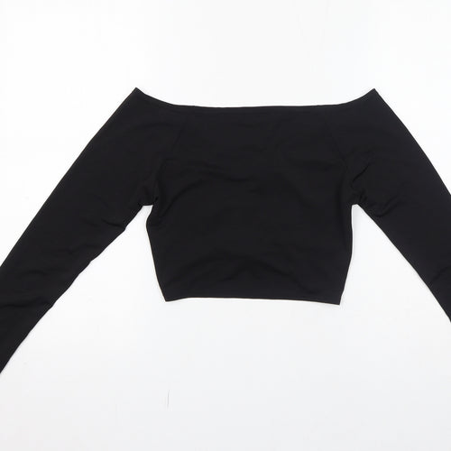 PRETTYLITTLETHING Womens Black Polyester Cropped T-Shirt Size 10 V-Neck - Ruched