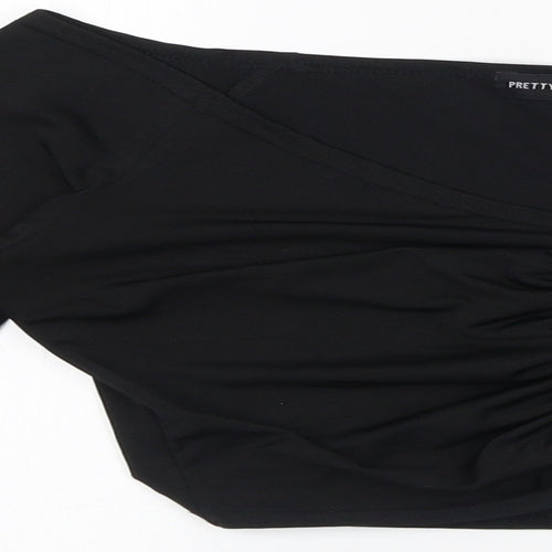 PRETTYLITTLETHING Womens Black Polyester Cropped T-Shirt Size 10 V-Neck - Ruched