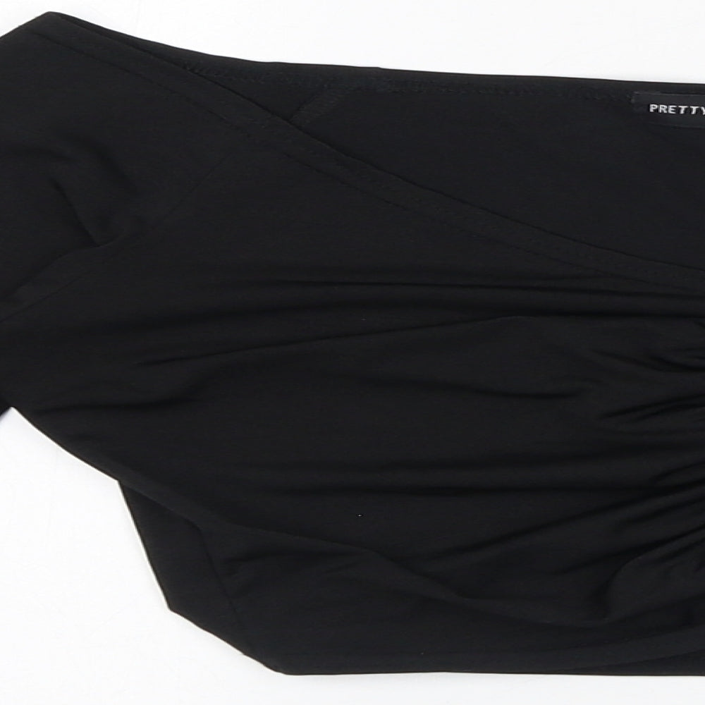 PRETTYLITTLETHING Womens Black Polyester Cropped T-Shirt Size 10 V-Neck - Ruched