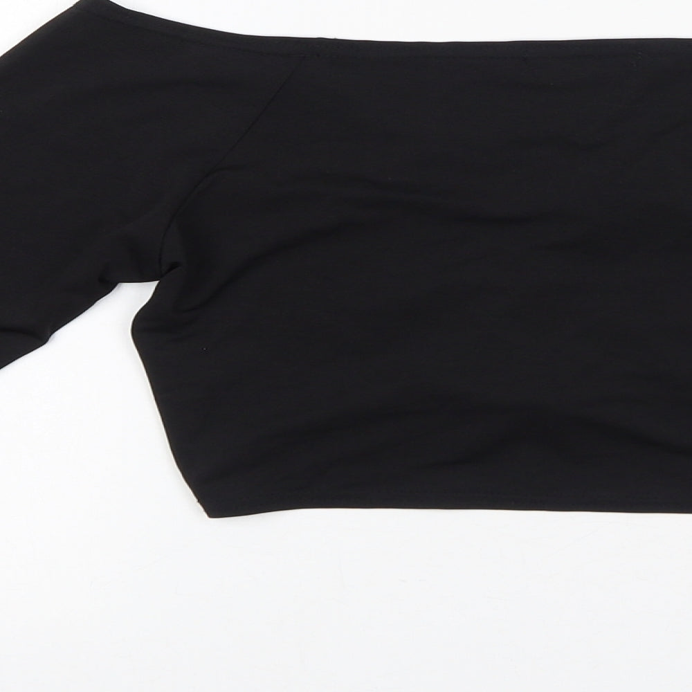 PRETTYLITTLETHING Womens Black Polyester Cropped T-Shirt Size 10 V-Neck - Ruched