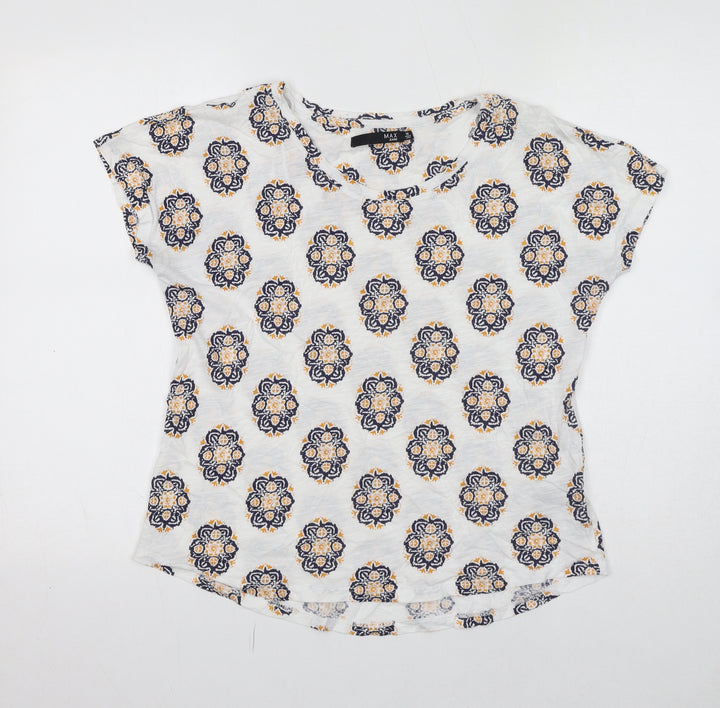 Max Jeans Womens White Geometric Cotton Basic T-Shirt Size M Round Neck