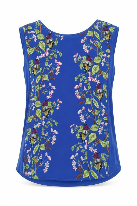 Front view of Oasis women’s blue floral polyester basic tank, size M, round neck