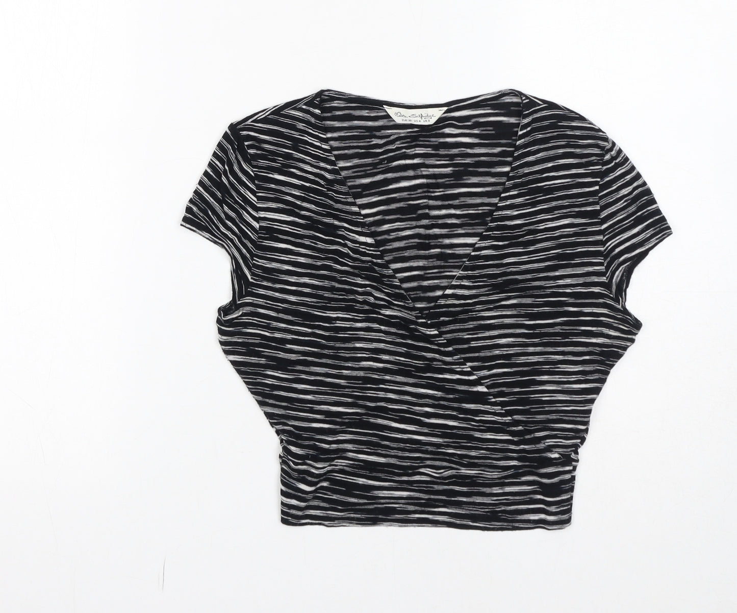 Miss Selfridge Womens Black Striped Viscose Cropped T-Shirt Size 8 V-Neck
