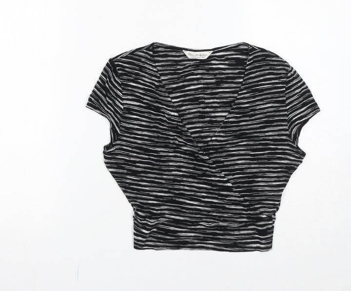 Miss Selfridge Womens Black Striped Viscose Cropped T-Shirt Size 8 V-Neck