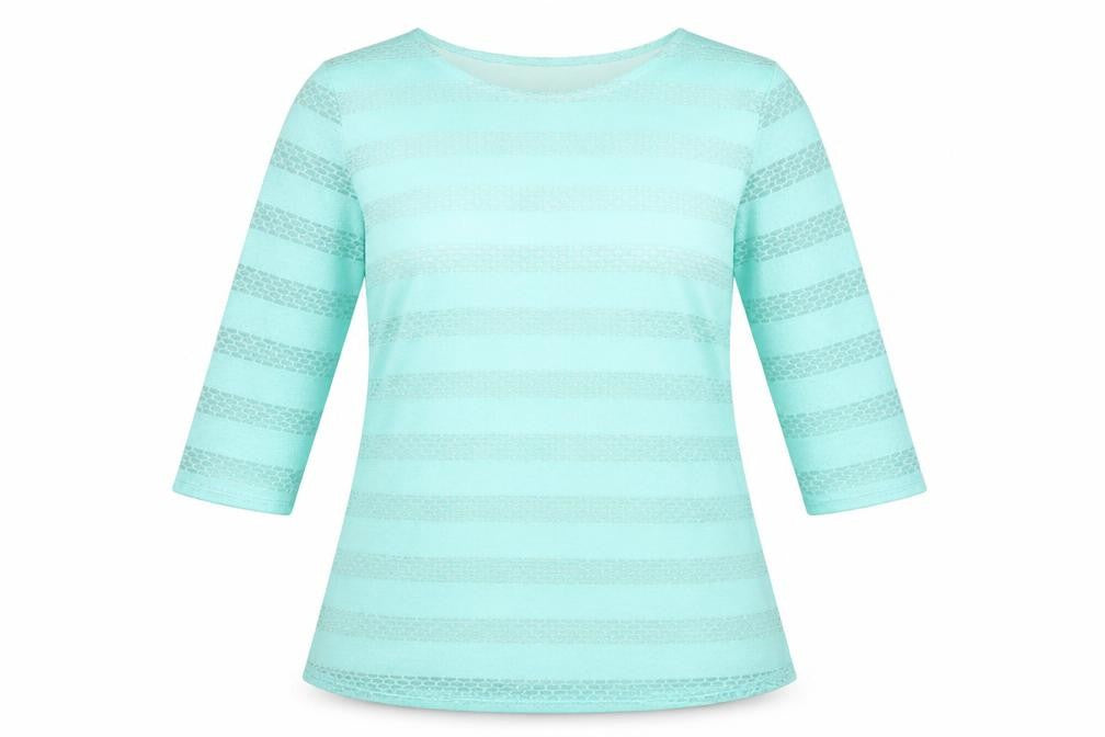 Front view of Saloos women’s blue striped viscose basic t-shirt, size UK 12, round neck