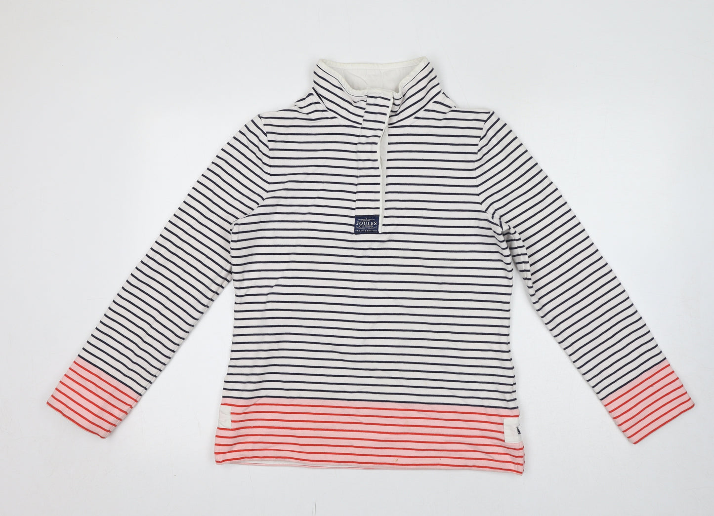 Joules Womens White Striped Cotton Pullover Sweatshirt Size 12 Button - Logo High Neck