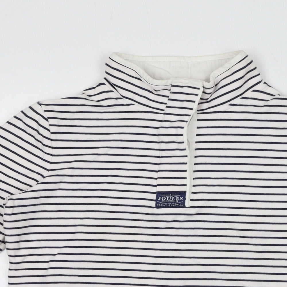 Joules Womens White Striped Cotton Pullover Sweatshirt Size 12 Button - Logo High Neck