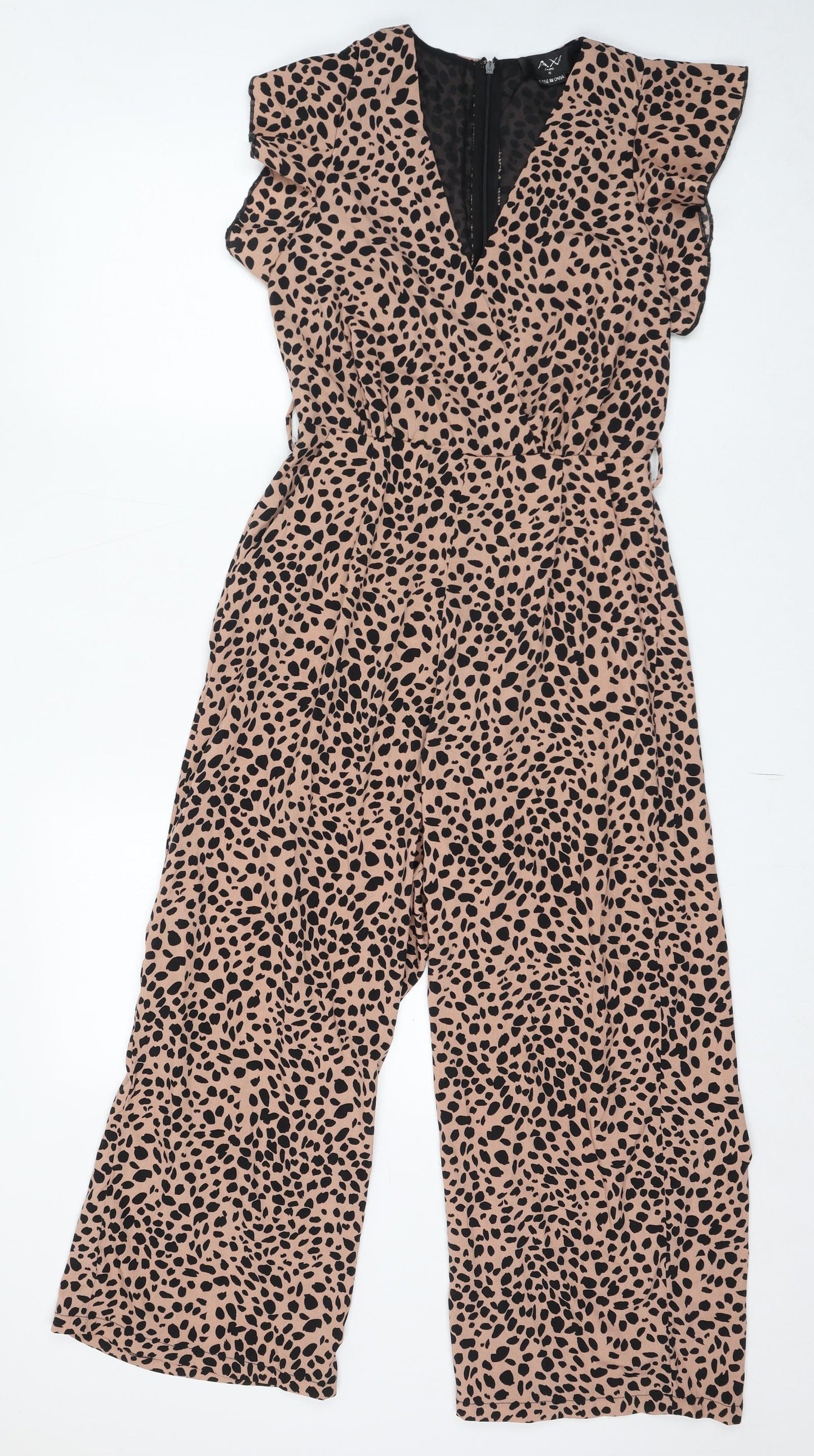 AX Paris Womens Beige Animal Print Polyester Jumpsuit One-Piece Size 8 L25 in Zip - Cheetah Print