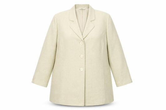 Front view of ELVI women’s beige jacket blazer, size UK 20, button