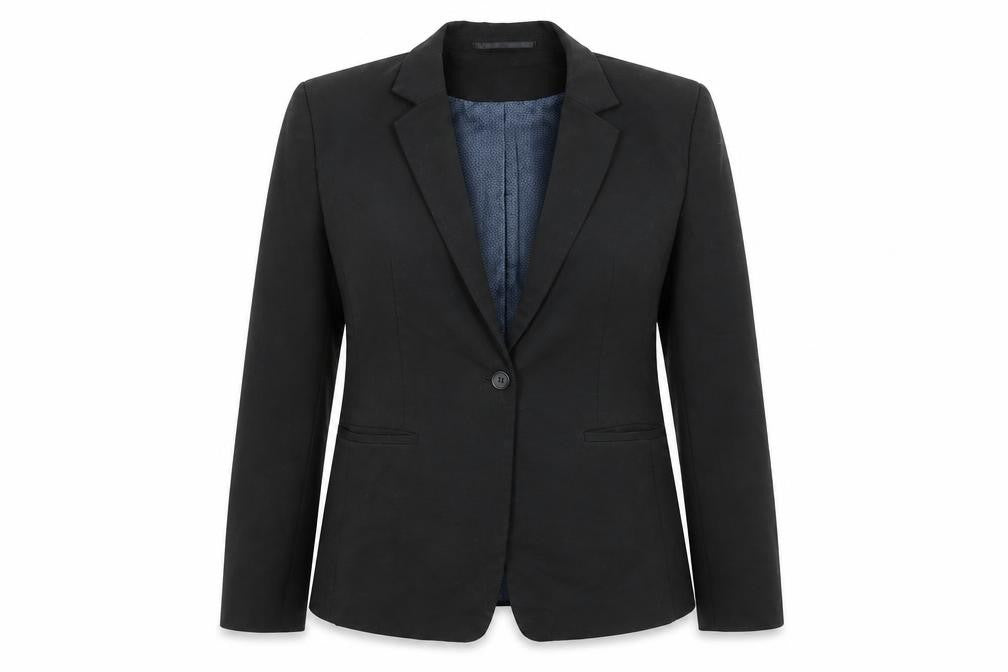 Front view of Brook Taverner women’s black polyester jacket blazer, size UK 14