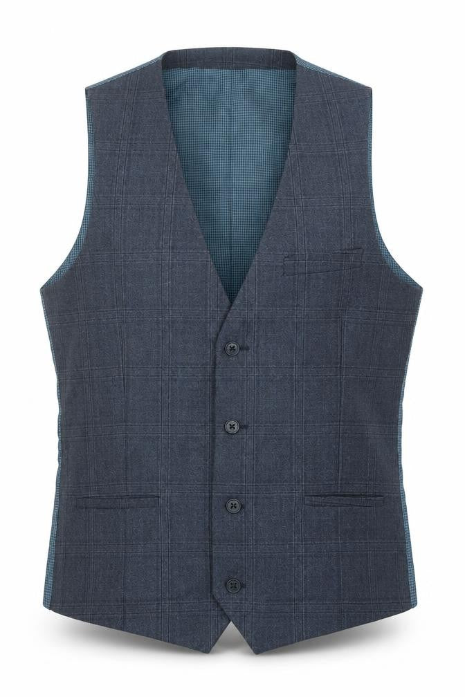 Front view of ONESIX5IVE5ive men’s blue plaid wool jacket suit waistcoat, size 38, regular