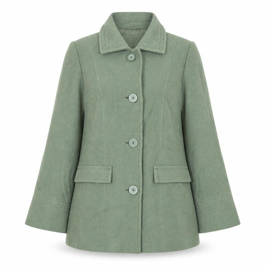 Front view of Marks & Spencer women’s green overcoat coat, size UK 12, button