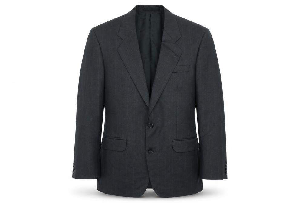 Front view of Burton men’s black striped polyester jacket suit jacket, size 40, regular