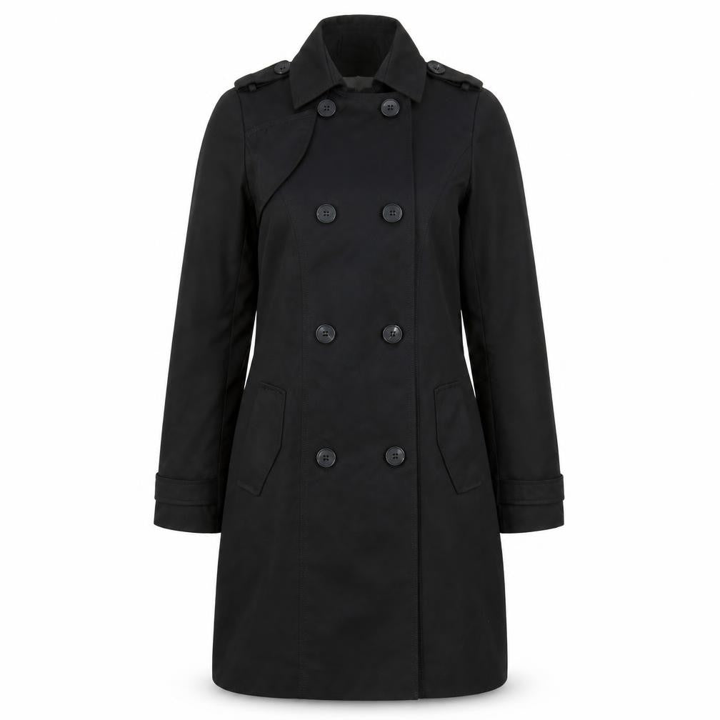Front view of VILA women’s black pea coat coat, size XS, button