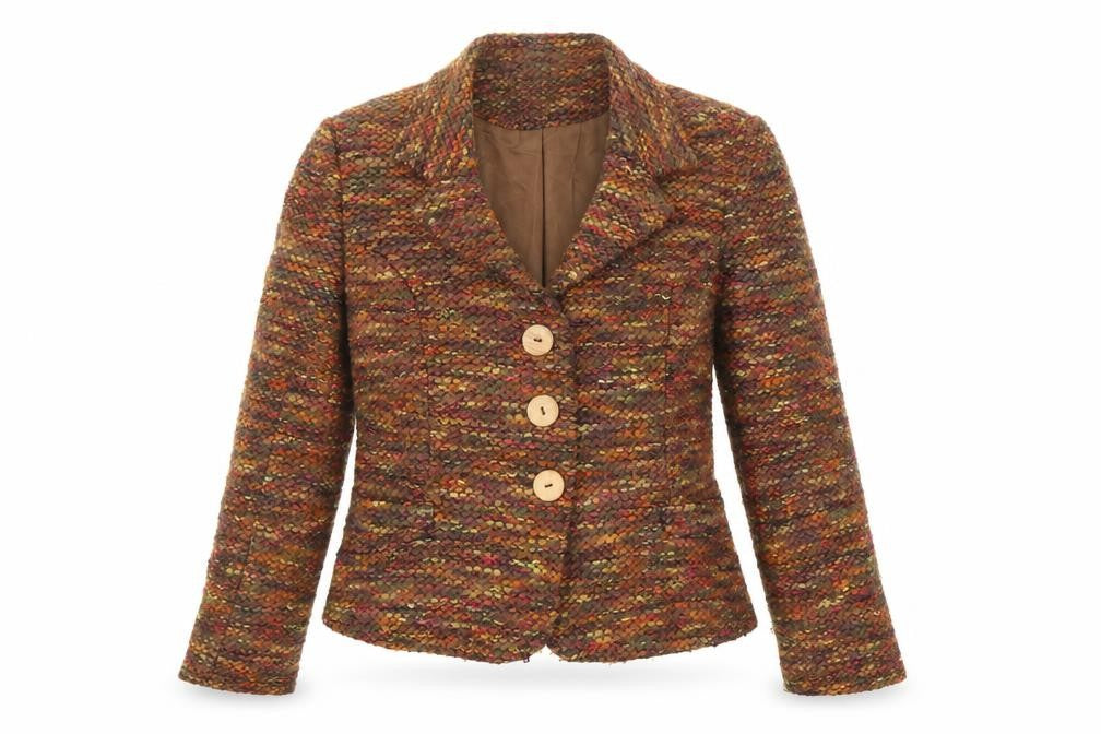 Front view of Kaliko women’s multicoloured geometric jacket blazer, size UK 8, button