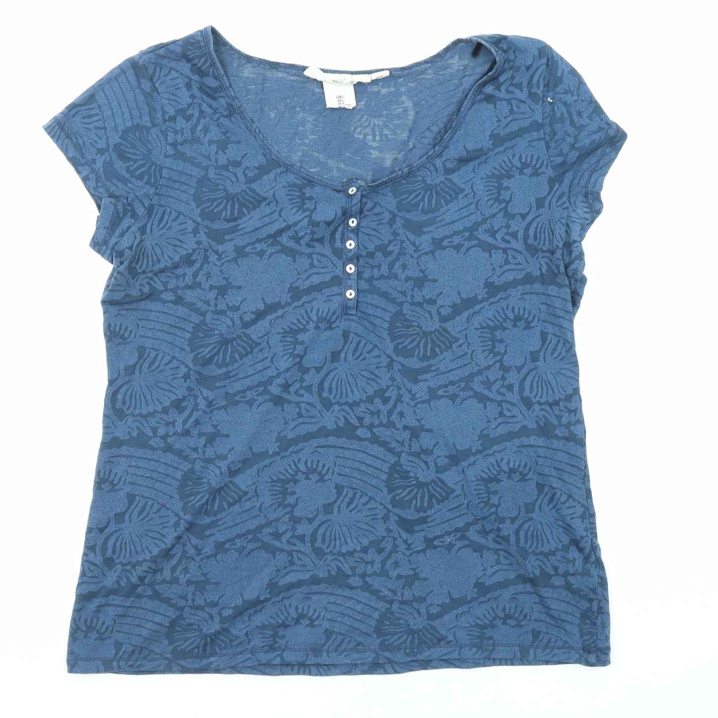 H&M Womens Blue Geometric Polyester Basic T-Shirt Size L Scoop Neck