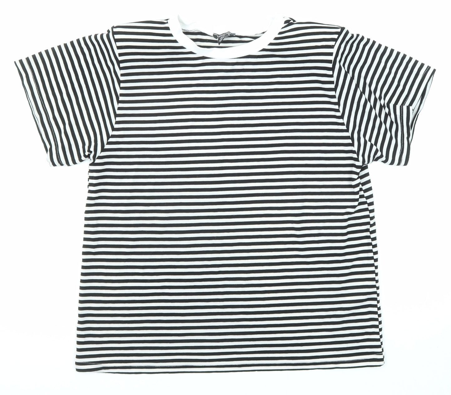 Boohoo Womens Black Striped Viscose Basic T-Shirt Size 10 Round Neck