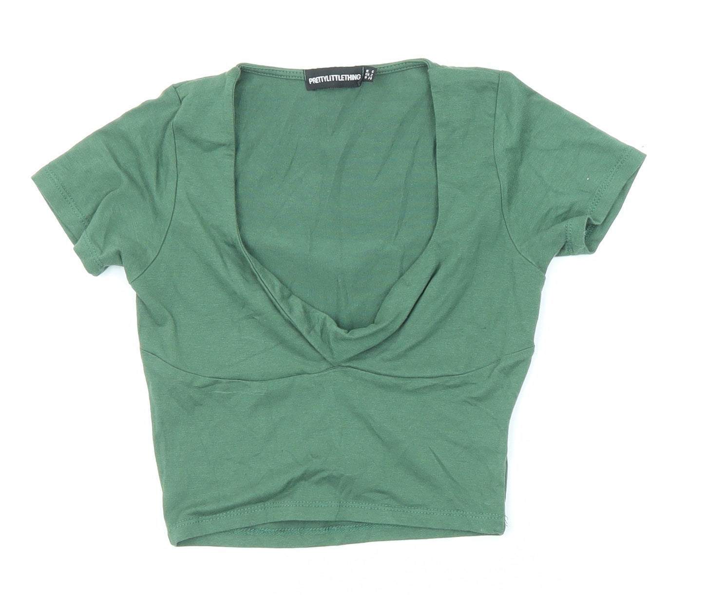 PRETTYLITTLETHING Womens Green Polyester Basic T-Shirt Size 6 Scoop Neck