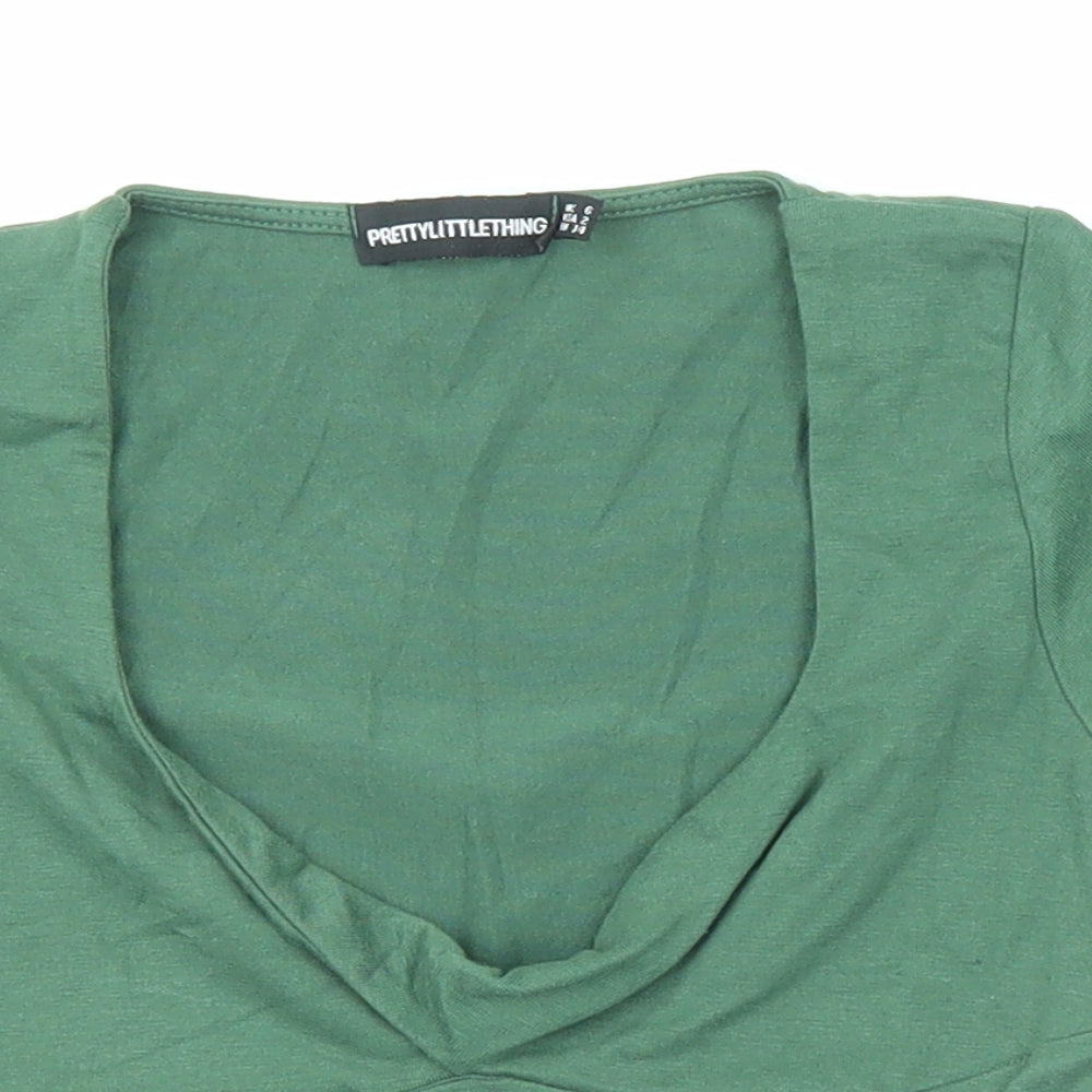 PRETTYLITTLETHING Womens Green Polyester Basic T-Shirt Size 6 Scoop Neck