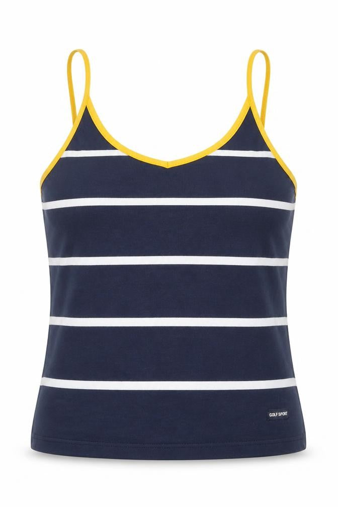 Front view of Golf Sport women’s blue striped cotton basic tank, size L, v-neck