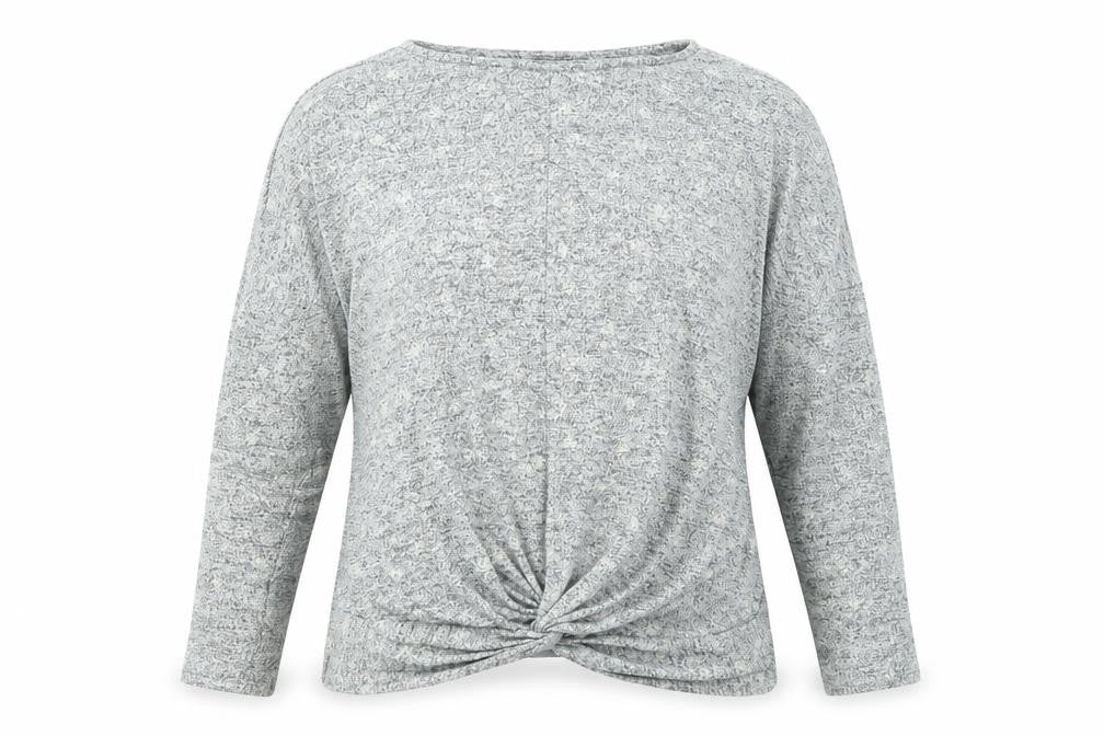 Front view of Dorothy Perkins women’s grey geometric polyester basic blouse, size M, round neck - twist detail