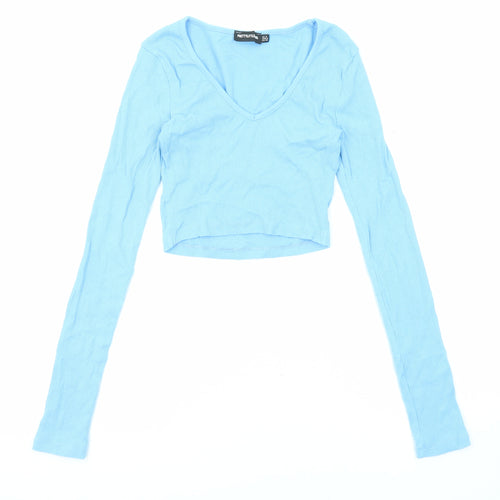PRETTYLITTLETHING Womens Blue Polyester Cropped Blouse Size 4 V-Neck