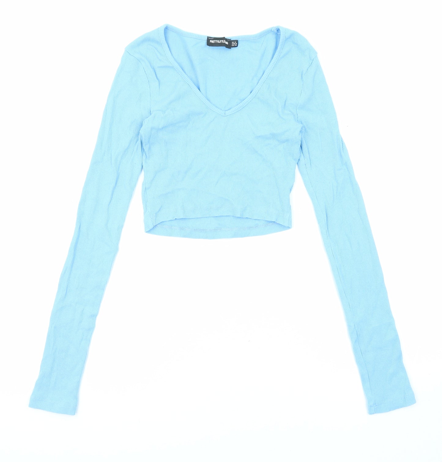 PRETTYLITTLETHING Womens Blue Polyester Cropped Blouse Size 4 V-Neck