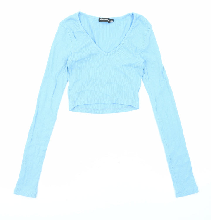 PRETTYLITTLETHING Womens Blue Polyester Cropped Blouse Size 4 V-Neck