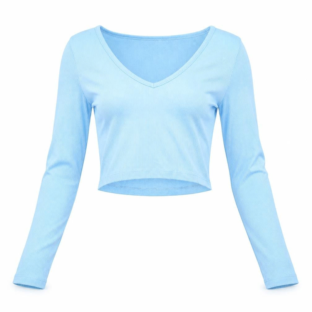 Front view of PRETTYLITTLETHING women’s blue polyester cropped blouse, size UK 4, v-neck