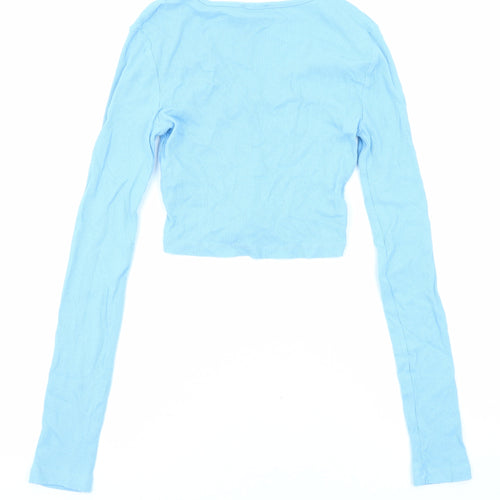 PRETTYLITTLETHING Womens Blue Polyester Cropped Blouse Size 4 V-Neck