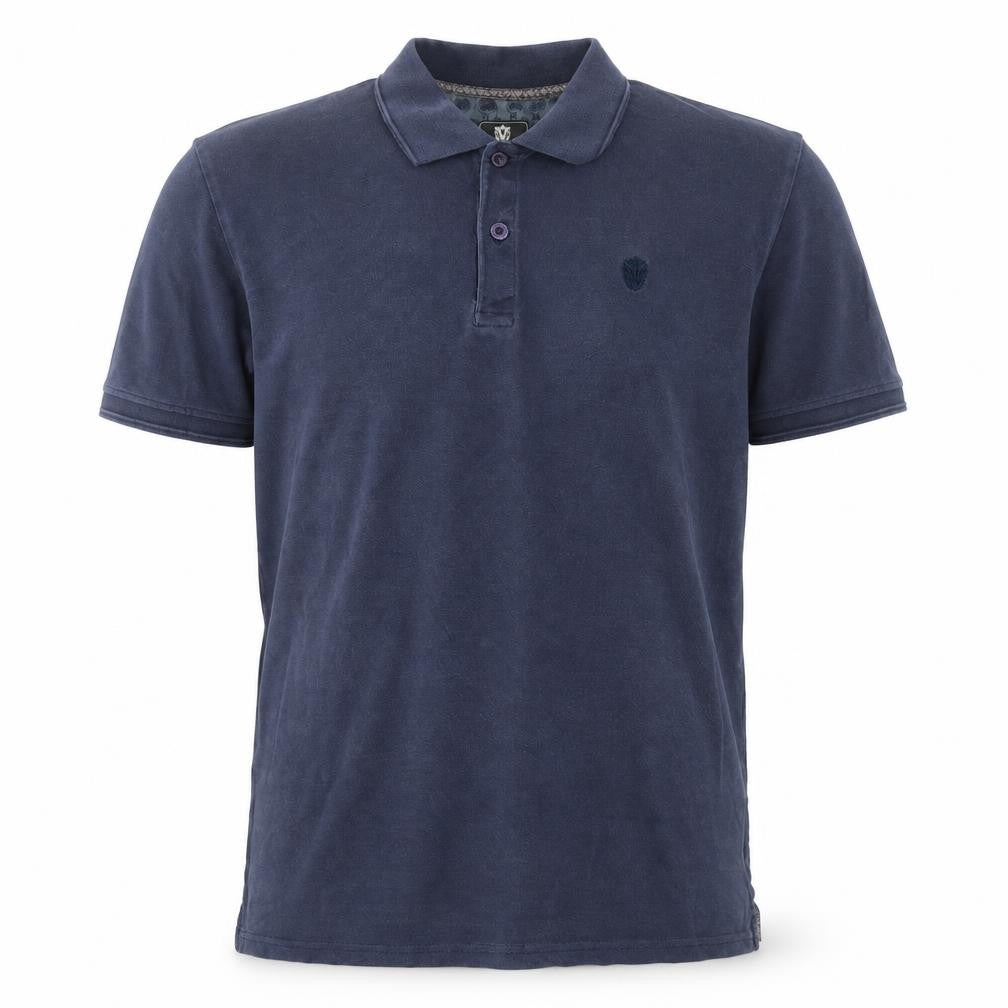 Front view of Steel & Jelly men’s blue cotton polo, size M, collared button