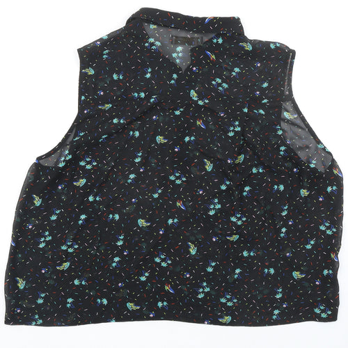 Pull&Bear Womens Black Geometric Polyester Basic Blouse Size L Collared