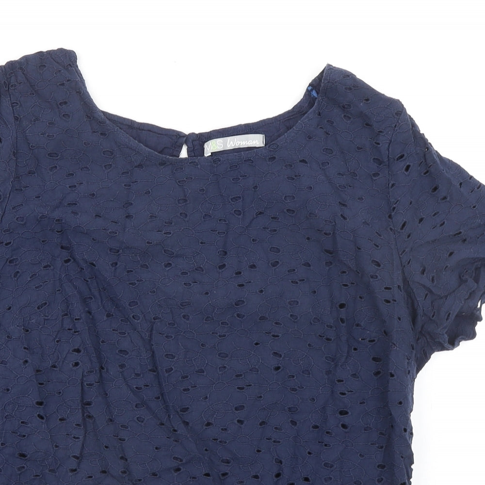 Marks and Spencer Womens Blue 100% Cotton Basic T-Shirt Size 14 Round Neck