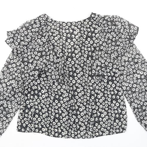 New Look Womens Black Geometric Polyester Basic Blouse Size 8 V-Neck