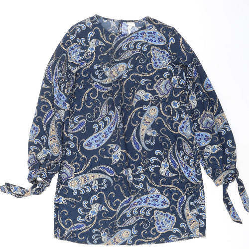 H&M Womens Blue Paisley Polyester Shift Size 12 Round Neck Pullover - Tie Sleeve Detail