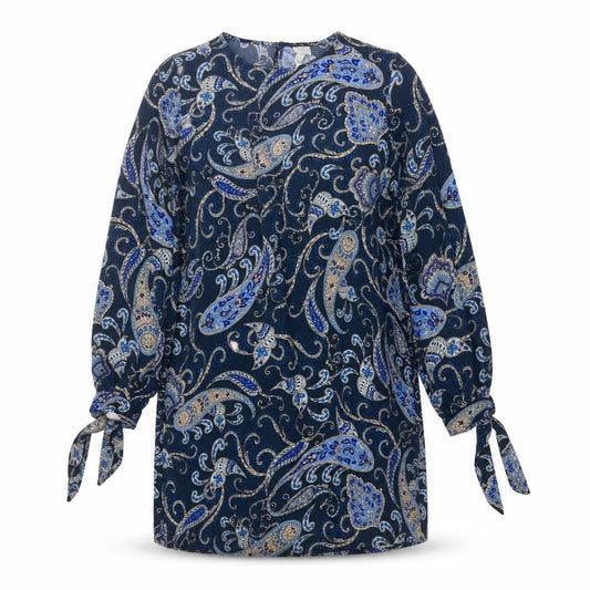 Front view of H&M women’s blue paisley polyester shift, size UK 12, round neck pullover - tie sleeve detail