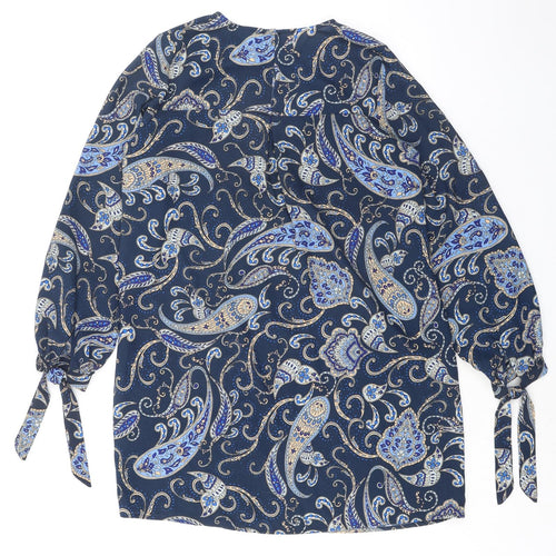H&M Womens Blue Paisley Polyester Shift Size 12 Round Neck Pullover - Tie Sleeve Detail