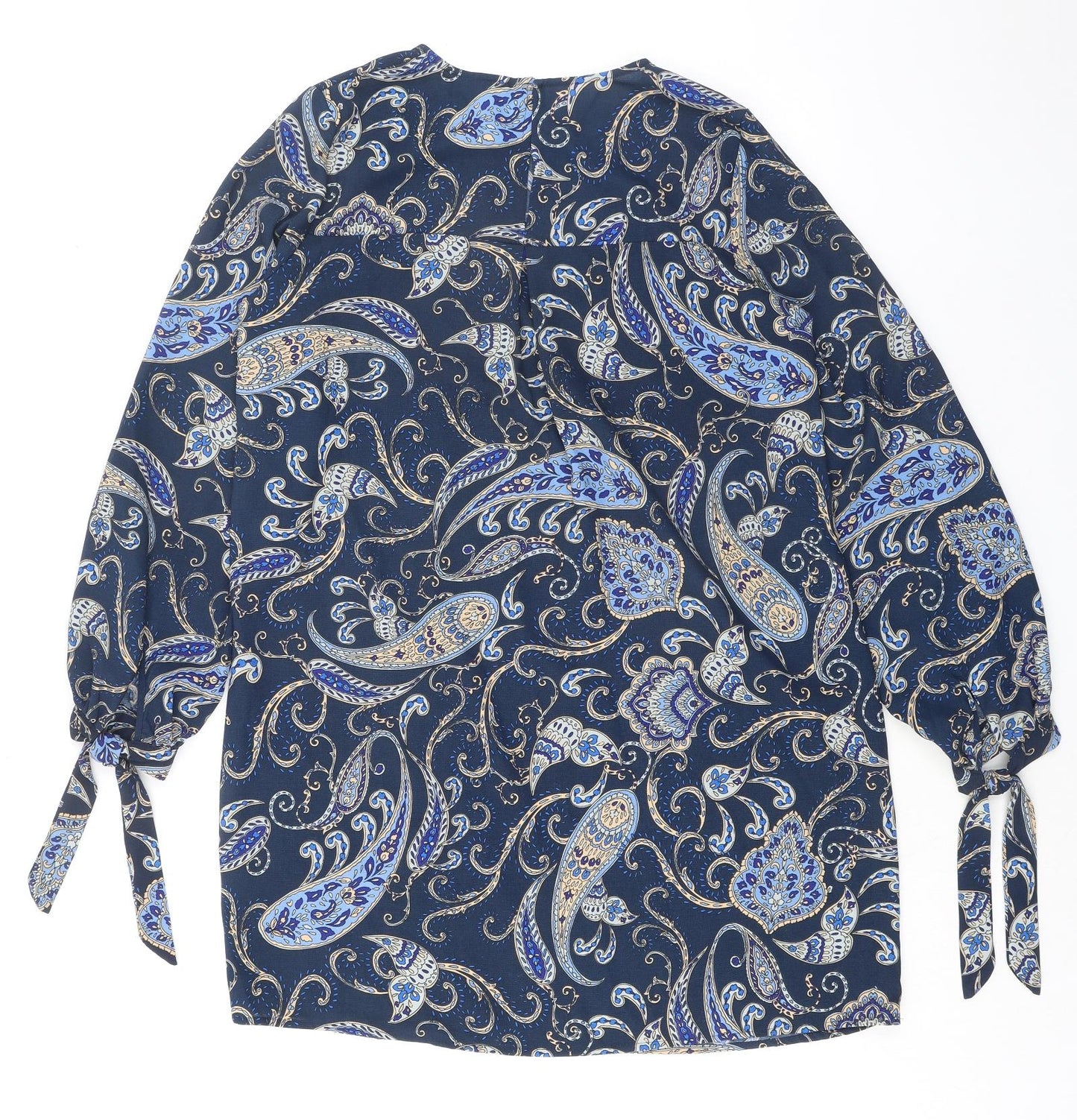 H&M Womens Blue Paisley Polyester Shift Size 12 Round Neck Pullover - Tie Sleeve Detail
