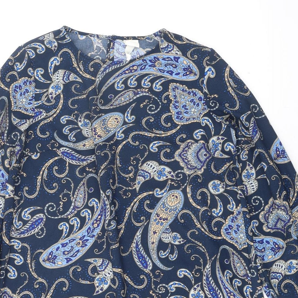 H&M Womens Blue Paisley Polyester Shift Size 12 Round Neck Pullover - Tie Sleeve Detail