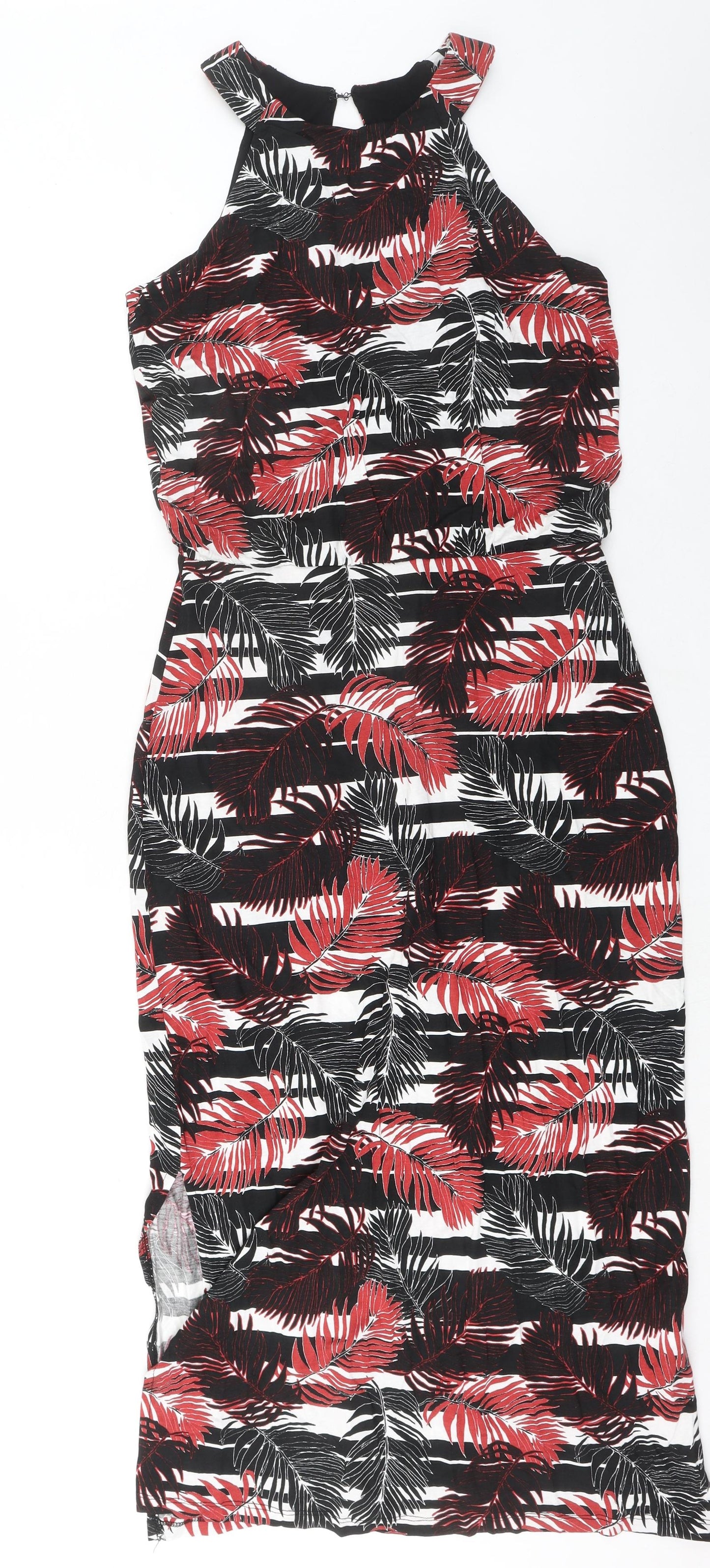 Warehouse Womens Black Striped Viscose Maxi Size 14 Round Neck Button - Palm Print