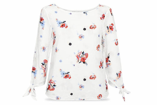 Front view of Rainbow women’s white floral viscose basic blouse, size UK 8, round neck