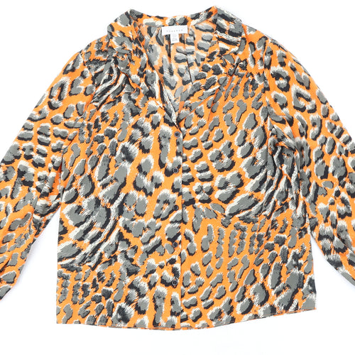 Topshop Womens Orange Animal Print Polyester Basic Button-Up Size 8 V-Neck - Leopard Print