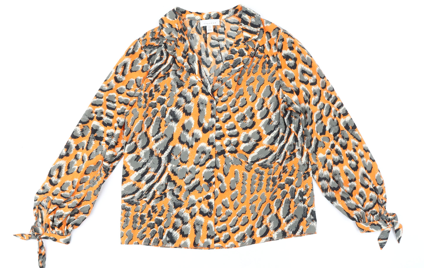 Topshop Womens Orange Animal Print Polyester Basic Button-Up Size 8 V-Neck - Leopard Print