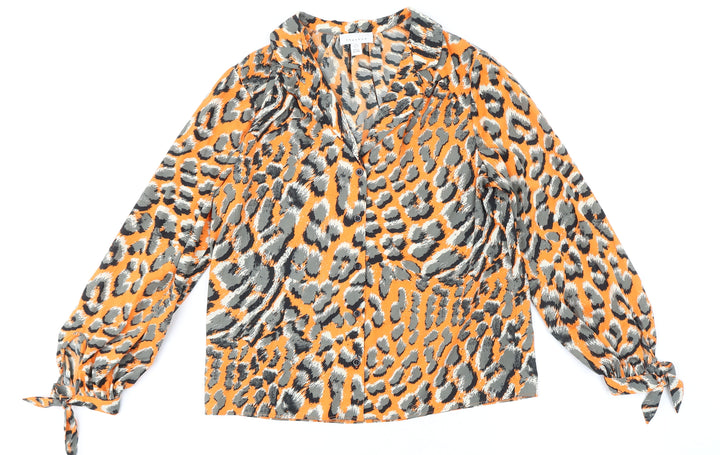 Topshop Womens Orange Animal Print Polyester Basic Button-Up Size 8 V-Neck - Leopard Print